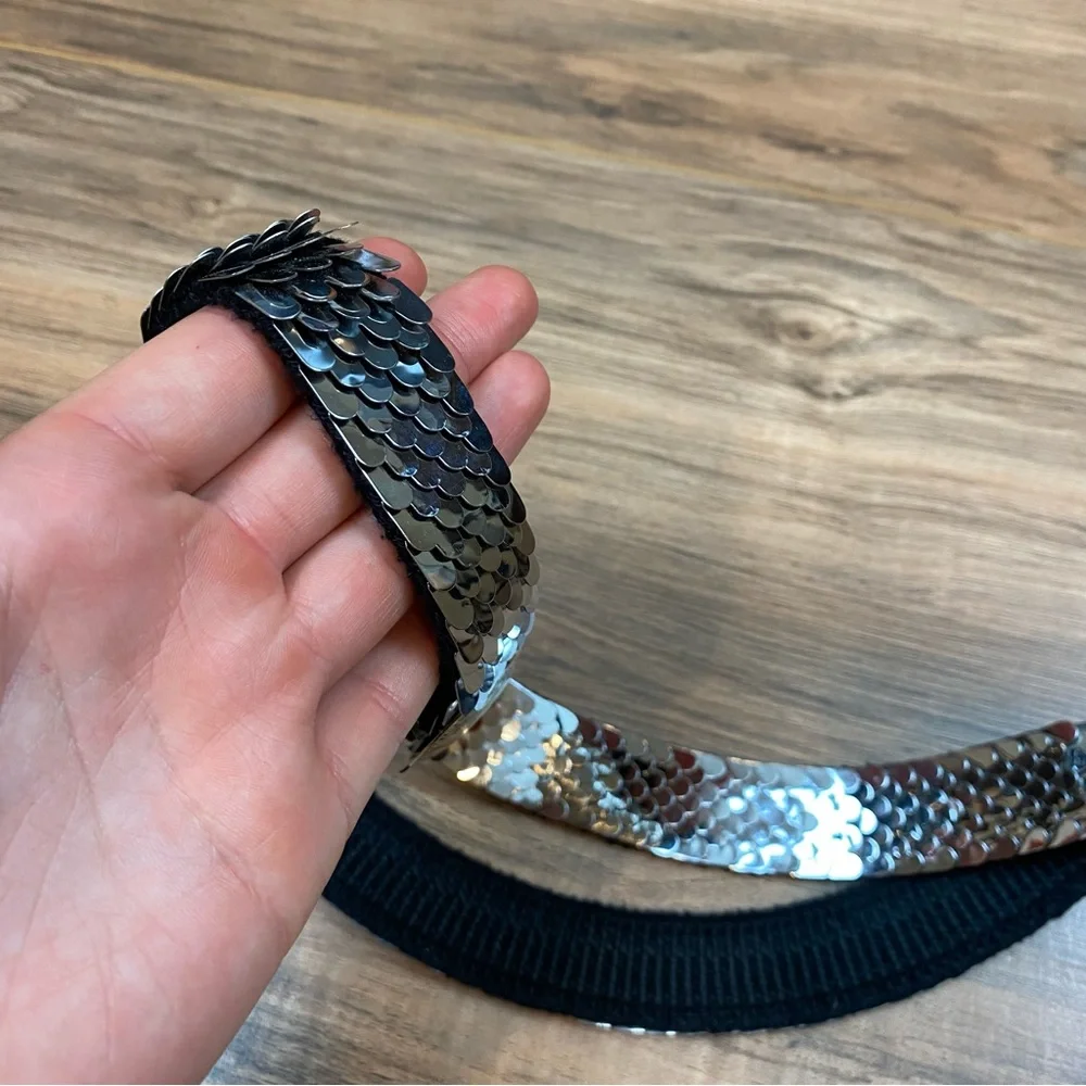 Vintage Silver Metal‎ Elastic Stretch Belt Fish Scales Pattern w/ Buckle